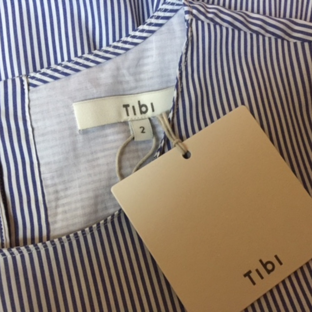 TIBI Satin Poplin trapeze Dress ELLIOT STRIPE Blue - Picture 2 of 8